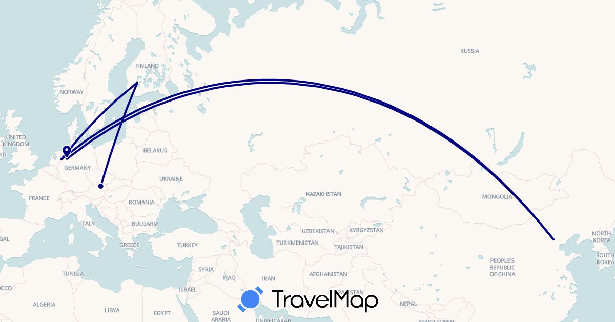TravelMap itinerary: driving in Austria, China, Germany, Finland, Netherlands (Asia, Europe)